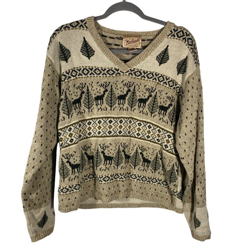 Woolrich vintage Small V-Neck Sweater novelty outdoor Deer & Tree Pattern Ramie